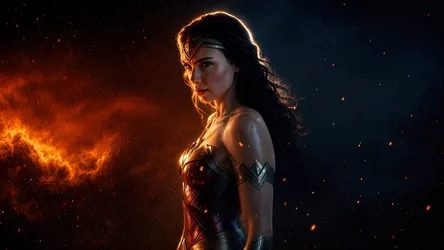 Warrior Woman in Golden Armor Against Fiery Background - free movies & tv wallpaper 3840×2160