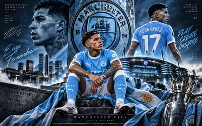 Manchester City Football Player Poster with Stadium and Trophy - free sports wallpaper 3840×2400