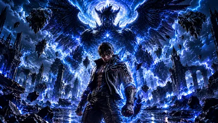 Dark-Haired Warrior in Electric Blue Fantasy Realm - free wallpaper 1672×941