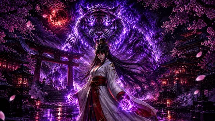 Woman in White Hanfu with Purple Lightning Tiger Spirit - free wallpaper 1672×941