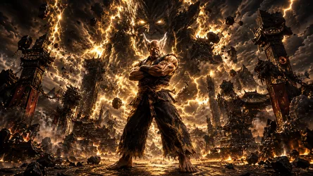 Demonic Figure With Lightning in Apocalyptic Ruins - free wallpaper 1672×941