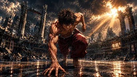 Muscular Anime Character in Dystopian Cityscape - free cartoons & comics wallpaper 1672×941