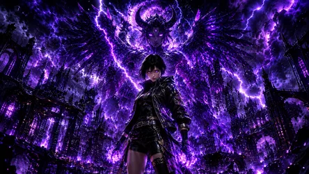 Dark Figure in Purple Lightning Cityscape - free wallpaper 1672×941