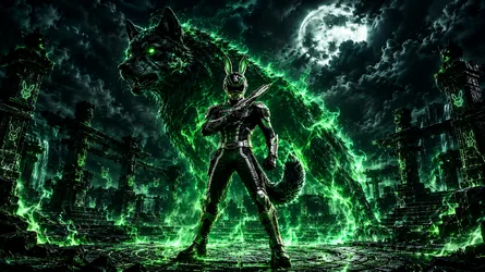 Neon Green Armored Warrior With Wolf Guardian - free cartoons & comics wallpaper 1672×940