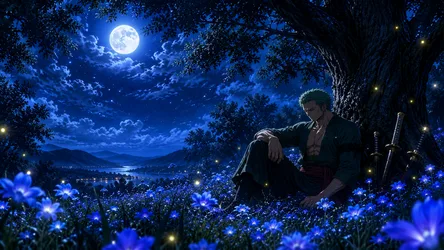 Anime Character Under Moonlight in Glowing Flower Field - free cartoons & comics wallpaper 1672×941