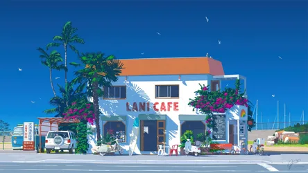 Beachside Cafe Under Clear Blue Sky - free wallpaper 7680×4320