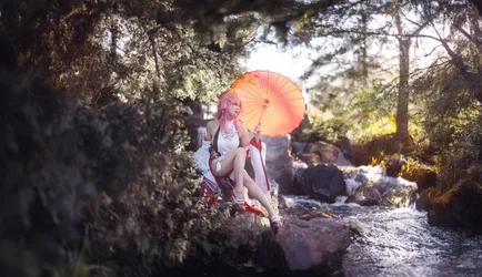 Woman With Pink Hair and Orange Umbrella in Forest Path - free people & portraits wallpaper 2048×1180