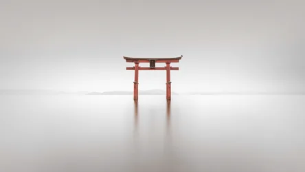 Red Torii Gate in Misty Water Landscape - free photography wallpaper 3840×2160