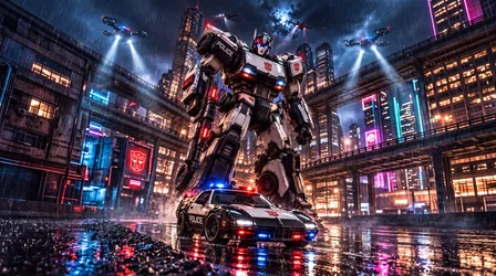 Giant Police Robot in Neon Rainy Cyberpunk City - free wallpaper 7680×4287