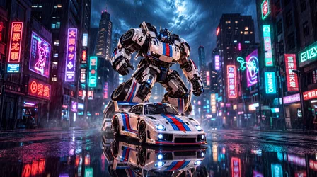 Transforming Robot in Neon Cyberpunk City Street - free wallpaper 7680×4287