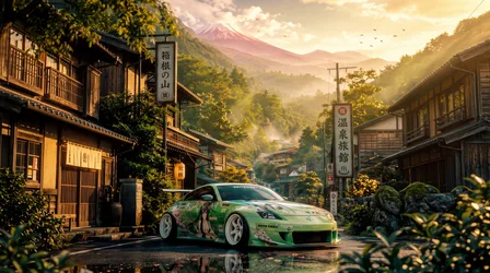 Green Sports Car in Traditional Japanese Mountain Village - free cars & vehicles wallpaper 7680×4287