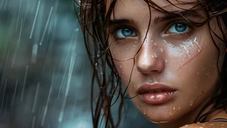 Woman in Rain with Striking Blue Eyes - free wallpaper 2880×1620