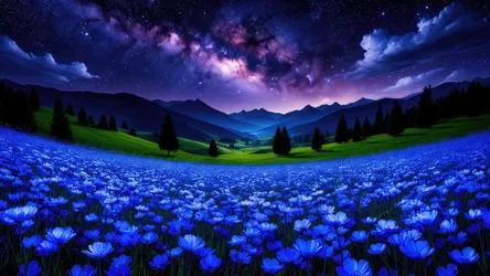 Luminous Blue Flower Field Under Starry Night Sky - free landscapes wallpaper 3840×2160