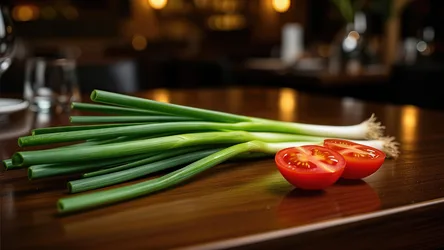 Fresh Green Onions and Tomato Slices on Wood Counter - free food wallpaper 3840×2160