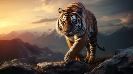 Tiger Walking on Mountain Ridge at Sunset - free animals wallpaper 4096×2296