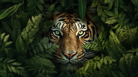 Tiger Hidden in Jungle Foliage Staring Directly - free animals wallpaper 3840×2160