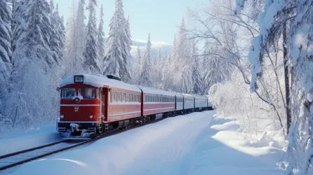 Red and White Train Through Snowy Forest - free cars & vehicles wallpaper 5824×3264
