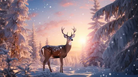 Majestic Deer in Snow-Covered Winter Forest at Sunset - free wallpaper 5824×3264