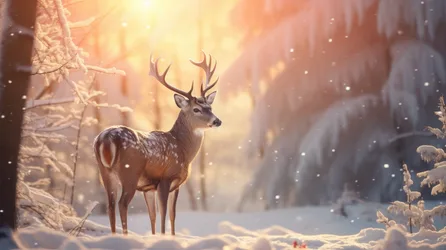 Majestic Deer in Snowy Winter Forest at Sunrise - free wallpaper 5824×3264