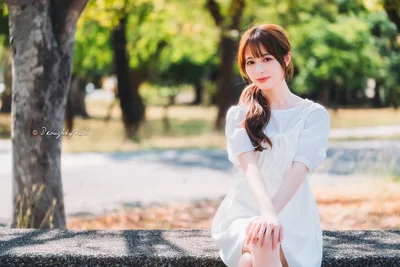 Young Woman in White Dress by Tree in Park - free people & portraits wallpaper 6144×4096
