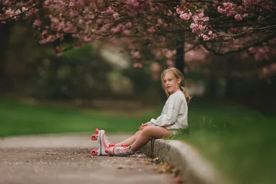 Young Girl on Skateboard Under Blooming Cherry Tree - free people & portraits wallpaper 6144×4096