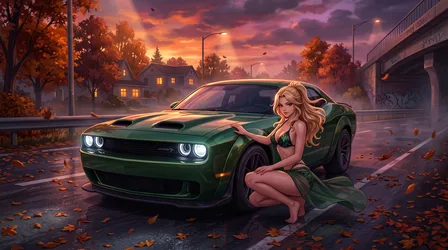 Woman With Green Muscle Car at Autumn Sunset - free people & portraits wallpaper 2752×1536