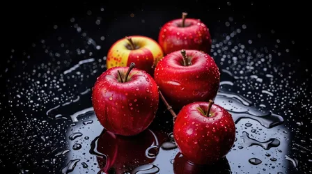 Fresh Red Apples With Water Droplets on Dark Surface - free food wallpaper 7680×4286