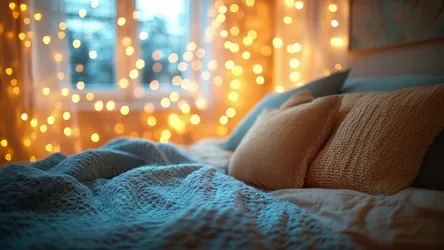 Cozy Bed with Golden Bokeh Lights and Window View - free photography wallpaper 3840×2160