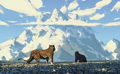 Mountain Encounter Tiger and Bear in Snowy Peaks - free landscapes wallpaper 5120×3152