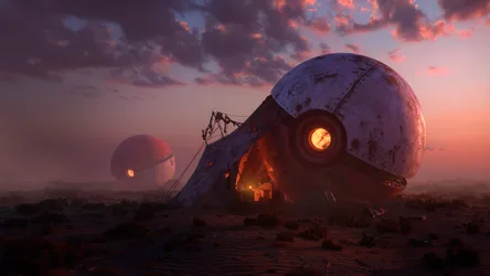 Pokémon Poké Ball in Apocalyptic Wasteland at Sunset - free sci-fi wallpaper 5760×3240