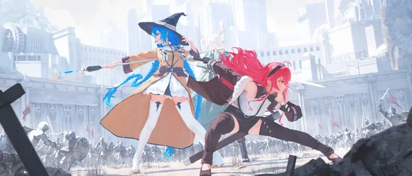 Roxy Migurdia and Eris Boreas Greyrat in Battle - free anime wallpaper 2560×1097