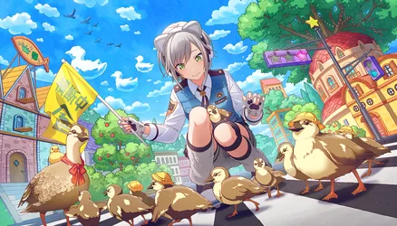 Hinomori Shiho Feeding Ducks in the City - free anime wallpaper 2520×1440