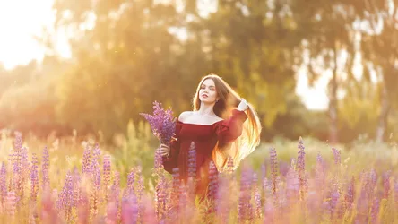 Woman in Red Dress Among Purple Lupine Flowers at Sunset - free people & portraits wallpaper 2000×1125