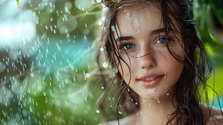Woman in Rain with Water Droplets and Green Nature - free wallpaper 7680×4305