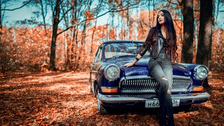 Woman in Leather Jacket Posing Against Vintage Blue Car - free people & portraits wallpaper 2048×1149
