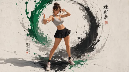Athletic Woman in Combat Pose with Ink Splash Art - free art & design wallpaper 7680×4322