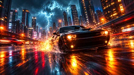 High-Speed Muscle Car Racing Through Neon City Storm - free cars & vehicles wallpaper 7680×4322