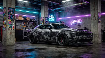 Black Camouflage Muscle Car in Neon Lit Underground Garage - free cars & vehicles wallpaper 5504×3072