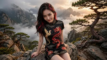 Woman in Dragon Embroidered Dress on Mountain Peak - free people & portraits wallpaper 7680×4320
