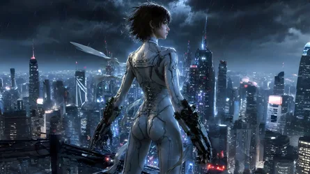 Futuristic Cyborg Woman Overlooking Neon Cityscape - free city & urban wallpaper 4737×2664