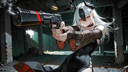 Anime Character Firing Large Pistol in Industrial Warehouse - free wallpaper 4095×2303