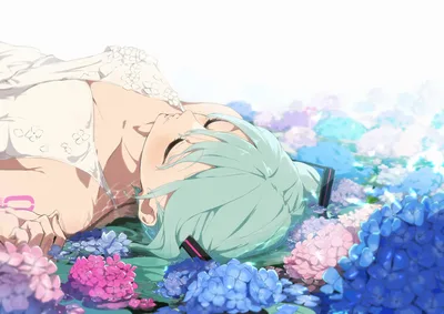 Hatsune Miku Resting Among Hydrangeas - free anime wallpaper 2500×1767