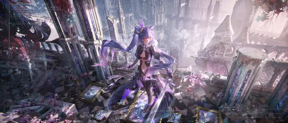 Purple-Haired Cat Girl With Sword In Futuristic City - free anime wallpaper 10080×4320