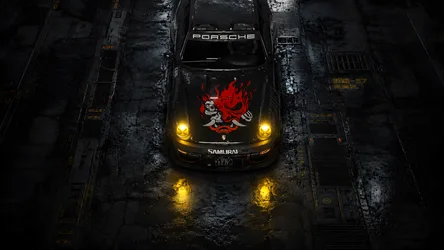 Black Porsche with Red Samurai Art in Urban Alley - free cars & vehicles wallpaper 8360×4705