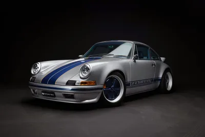 Silver Porsche 911 with Blue Racing Stripes on Black Background - free cars & vehicles wallpaper 6720×4480