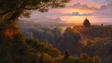 Romantic Landscape at Sunset Over Classical Ruins - free wallpaper 1920×1080