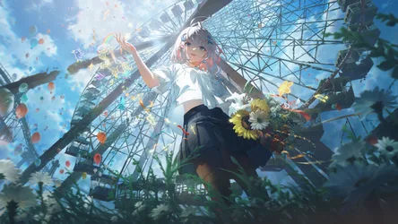 Schoolgirl Among Flowers at the Ferris Wheel - free wallpaper 10000×5625