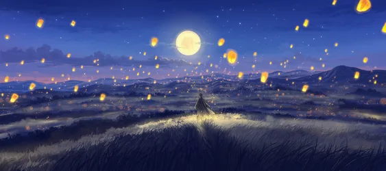 Starry Night with Lanterns Over Misty Fields - free wallpaper 4500×2000