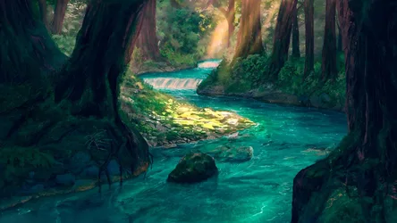Enchanted Forest River with Sunlit Waterfall - free landscapes wallpaper 2560×1440