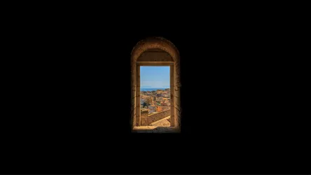 Mediterranean Window View to Ancient Greek Coastal Town - free architecture wallpaper 1920×1080